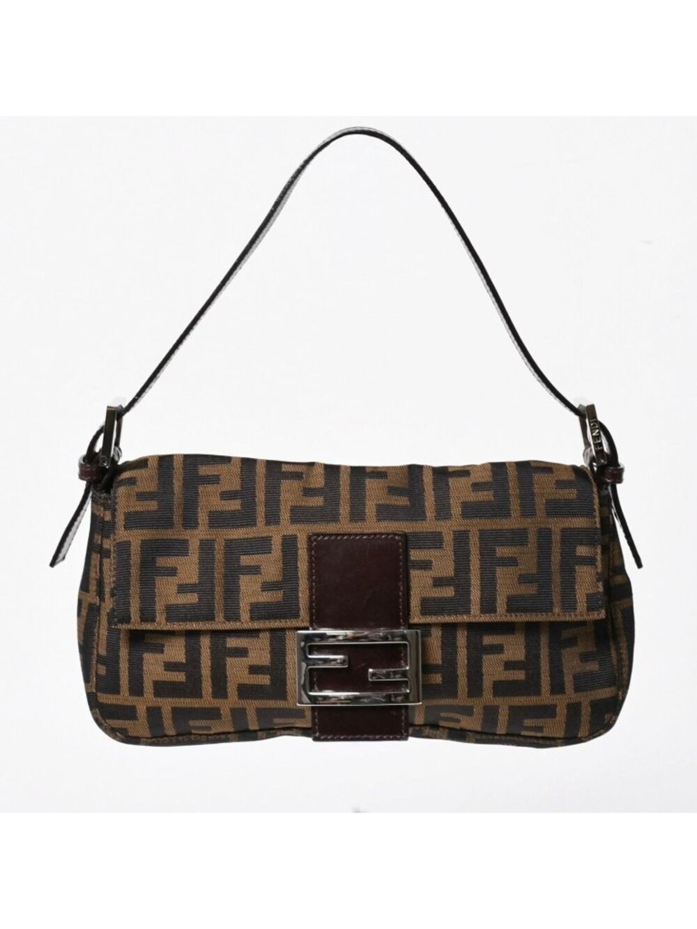 Fendi Mamma Baguette Bag Zucca Pattern All Over Print Brown Canvas Leather